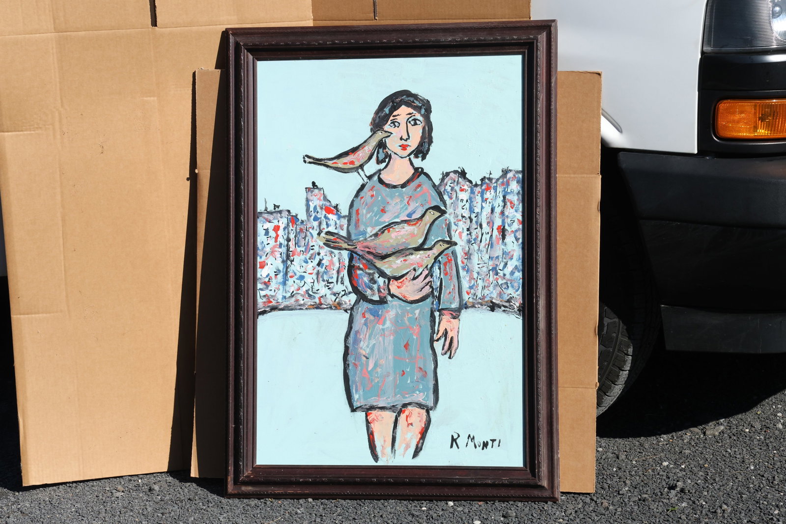 Rocco Monticolo (R. Monti) Woman with Birds Painting: Original painting by Rocco Monticolo (R. Monti). A woman in a gray-blue dress with several birds resting across her torso and one beside her head, set against a pale sky and patterned cityscape. Size: