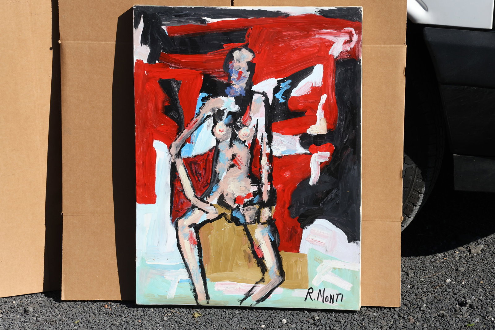 Rocco Monticolo (R. Monti) Standing Nude on Red Ground Painting: Original painting by Rocco Monticolo (R. Monti). A loosely rendered standing nude built from angular black, white, pink, and blue forms against a red-and-black ground. Size: 23.5 x 32 inches. Shelf ID
