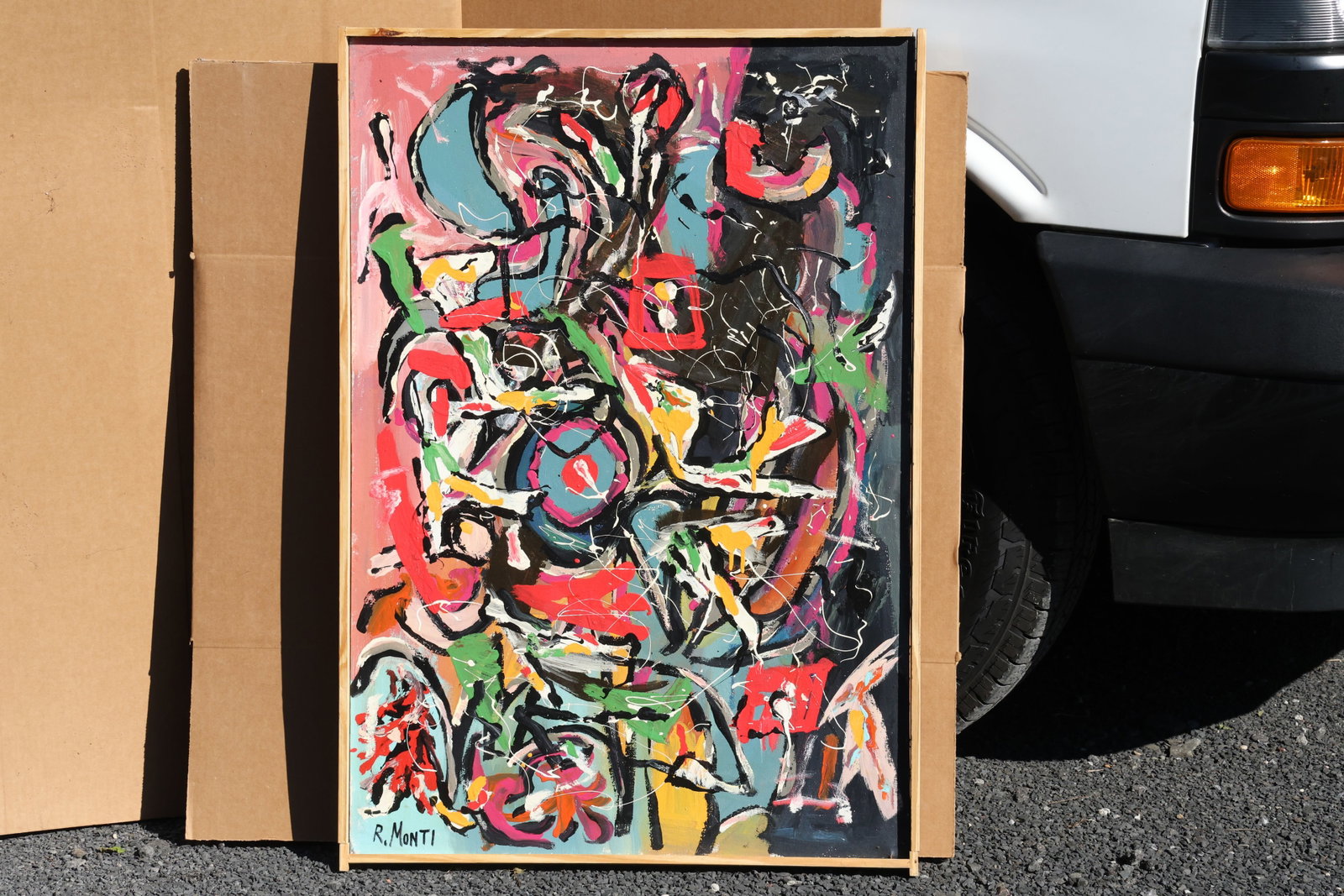 Rocco Monticolo (R. Monti) Multicolor Gesture Abstraction Painting: Original painting by Rocco Monticolo (R. Monti). A dense arrangement of sweeping black lines, pink passages, red squares, and yellow, green, and blue accents. Size: 27 x 38.5 inches. Shelf ID: SU1 S2 