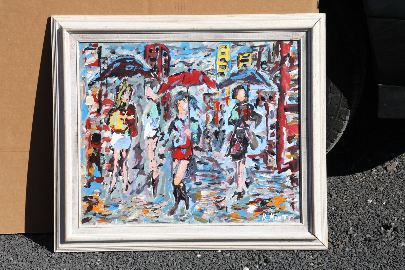 Rocco Monticolo (R. Monti) Figures Walking in the Rain Painting: Original painting by Rocco Monticolo (R. Monti). A city scene with figures beneath umbrellas, reflective pavement, and closely grouped buildings rendered in lively blue, red, white, and gray marks. Si