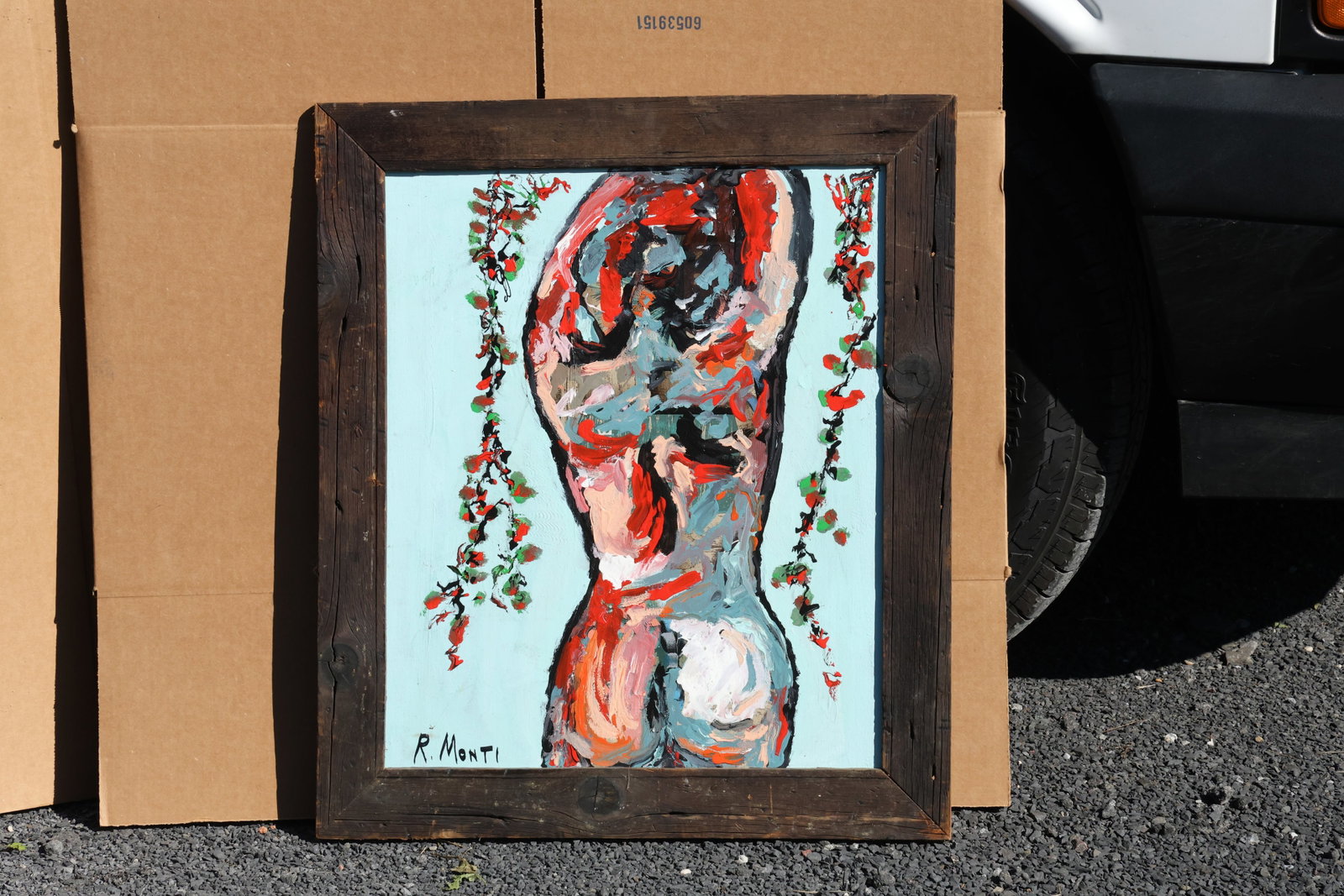 Rocco Monticolo (R. Monti) Nude with Hanging Flowers Painting: Original painting by Rocco Monticolo (R. Monti). An elongated female nude with raised arms, flanked by hanging strands of small red flowers and green leaves on a pale ground. Size: 20 x 24 inches; out