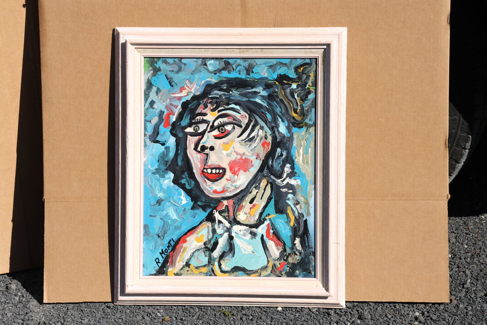 Rocco Monticolo (R. Monti) Expressive Toothy Portrait Painting: Original painting by Rocco Monticolo (R. Monti). A closely cropped portrait with large eyes, visible teeth, dark hair, and vivid red cheek accents against a textured blue background. Size: 16 x 20 inc