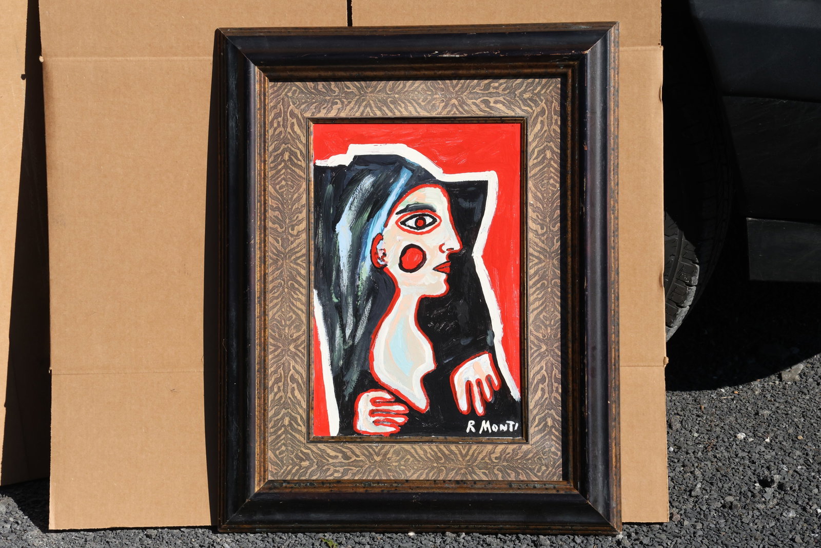Rocco Monticolo (R. Monti) Abstract Woman with Exaggerated Hands Painting: Original painting by Rocco Monticolo (R. Monti). A stylized female face and elongated figure with oversized hands, bold white contours, and red accents against a dark ground. Size: 23.5 x 29.5 inches.