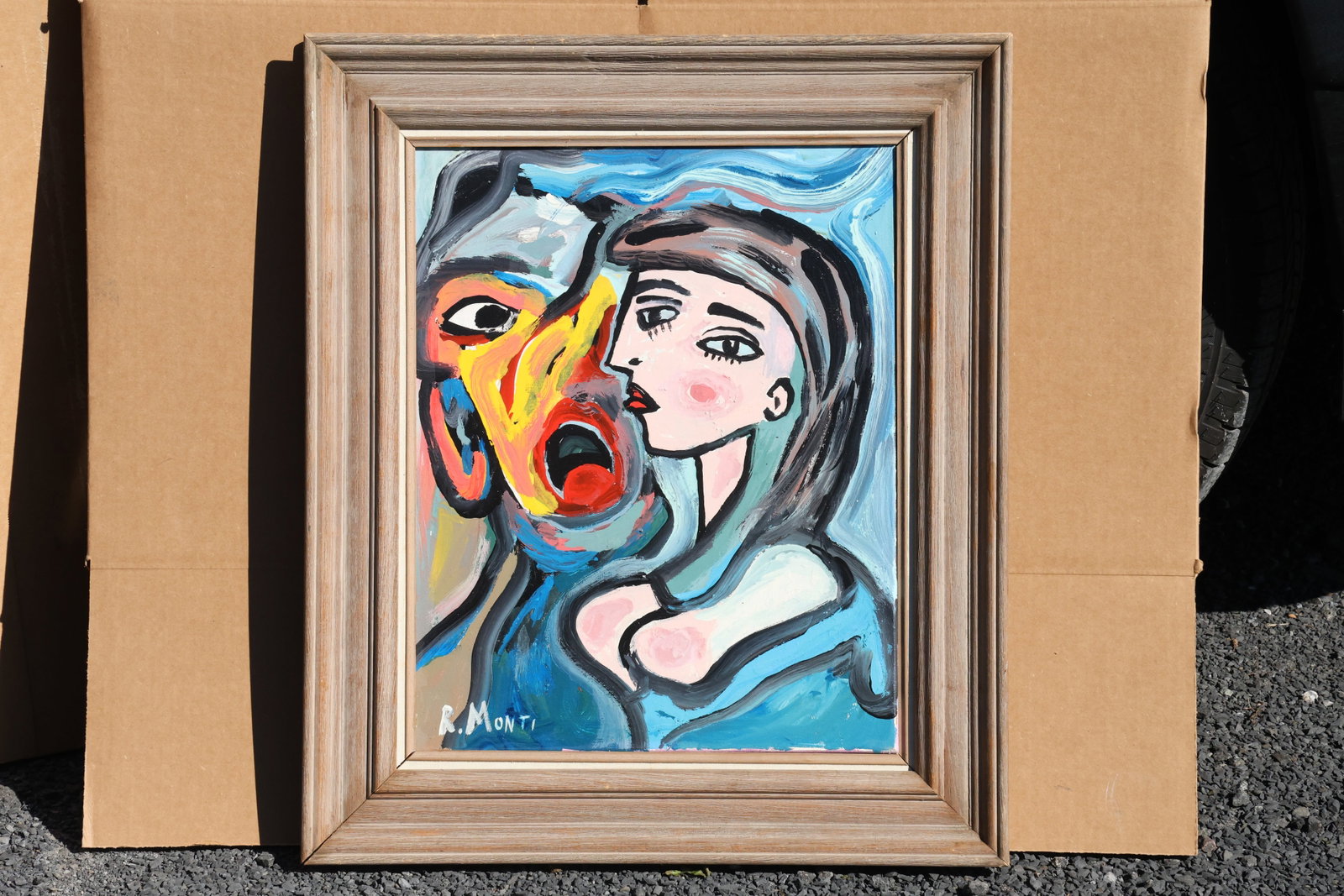 Rocco Monticolo (R. Monti) Woman beside an Open-Mouthed Face Painting: Original painting by Rocco Monticolo (R. Monti). A pale female profile beside a brightly colored, open-mouthed face, with flowing outlines against a blue background. Size: 16 x 20 inches; outside fram