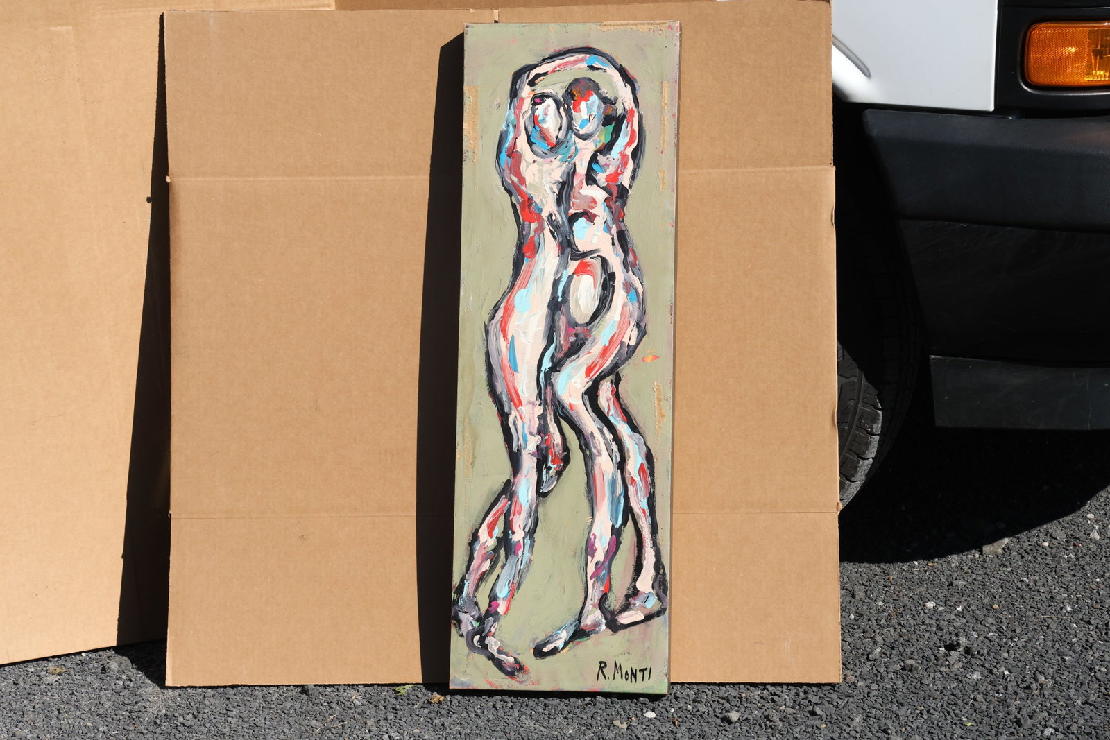 Rocco Monticolo (R. Monti) Two Elongated Nude Figures Painting: Original painting by Rocco Monticolo (R. Monti). Two closely intertwined nude figures in a tall, narrow composition, outlined with dark strokes and accented in pink, blue, and white. Size: 11.5 x 35.5