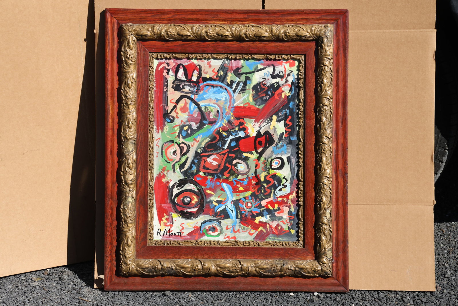 Rocco Monticolo (R. Monti) Abstract Faces and Spirals Painting: Original painting by Rocco Monticolo (R. Monti). A dense abstract composition with eye-like circles, spirals, irregular shapes, and layered red, blue, green, white, and black marks. Size: 16 x 20 inch