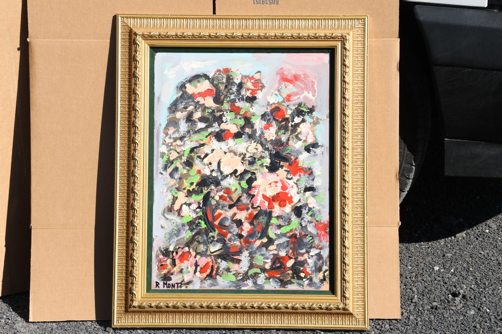 Rocco Monticolo (R. Monti) Textured Floral Still Life Painting: Original painting by Rocco Monticolo (R. Monti). A floral still life built from clustered red, pink, cream, and dark brushstrokes against a light ground. Size: 18 x 24 inches; outside frame: 24.5 x 30