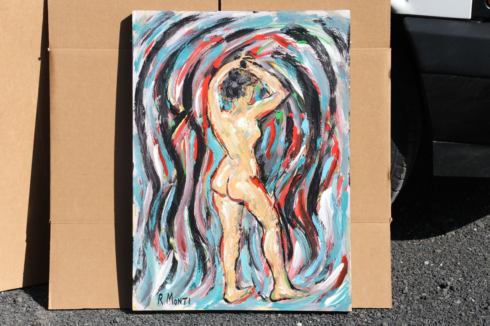 Rocco Monticolo (R. Monti) Nude amid Flowing Waves Painting: Original painting by Rocco Monticolo (R. Monti). A standing nude with arms raised overhead, surrounded by flowing bands of black, blue, red, and pale paint. Size: 23 x 31.5 inches. Shelf ID: SU1 S3 **