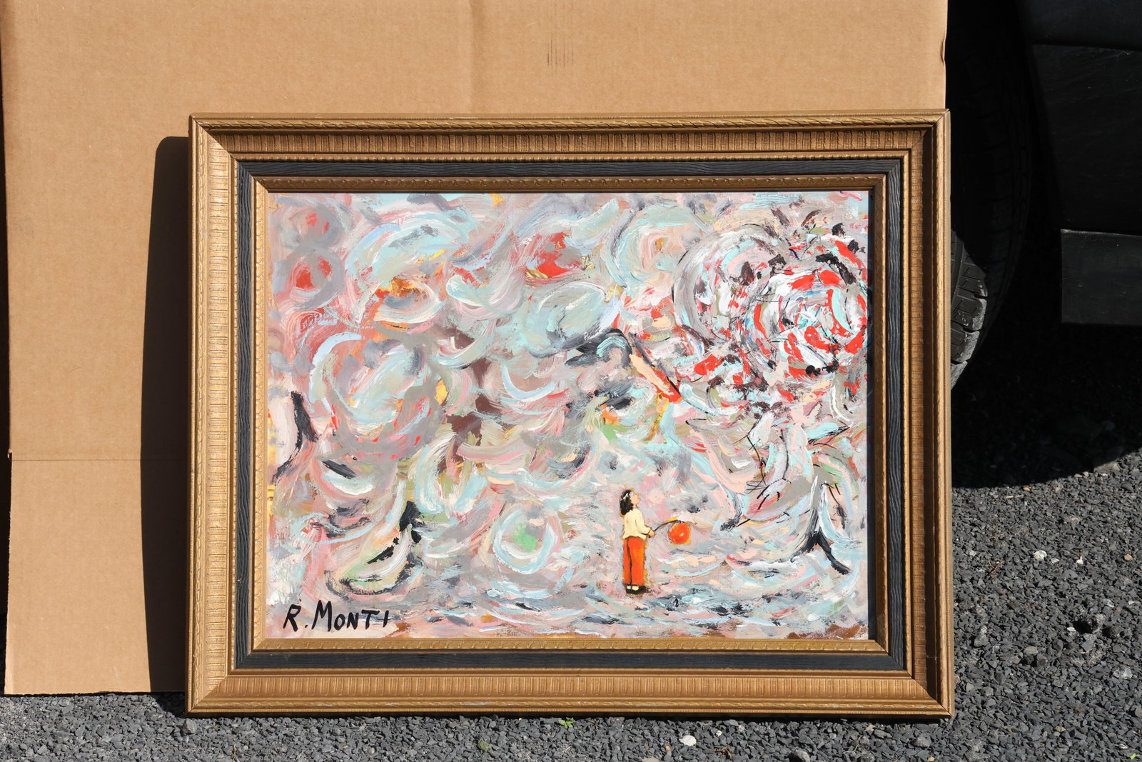Rocco Monticolo (R. Monti) Girl with Balloon in Pastel Abstraction Painting: Original painting by Rocco Monticolo (R. Monti). A lightly worked composition with a small figure and circular balloon-like forms amid swirling pale pink, blue, cream, and gray strokes. Size: 16 x 24 
