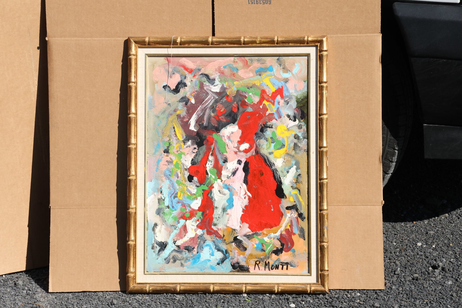Rocco Monticolo (R. Monti) Multicolor Abstract with Red Forms Painting: Original painting by Rocco Monticolo (R. Monti). A loose abstract composition with broad red forms, pale blue and pink passages, and dark gestural accents. Size: 22 x 28 inches. Shelf ID: SU1 S3 **Pic