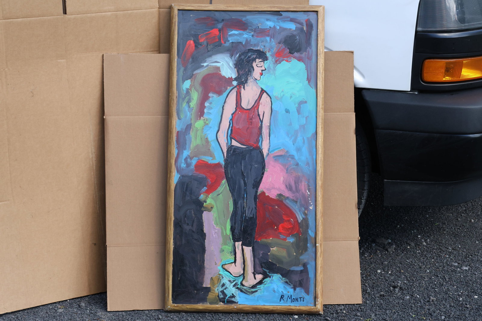 Rocco Monticolo (R. Monti) Woman in Red Top Painting: Original painting by Rocco Monticolo (R. Monti). A standing woman in a red sleeveless top and dark trousers, looking to one side against broad blue, pink, and dark color passages. Size: 22 x 44 inches