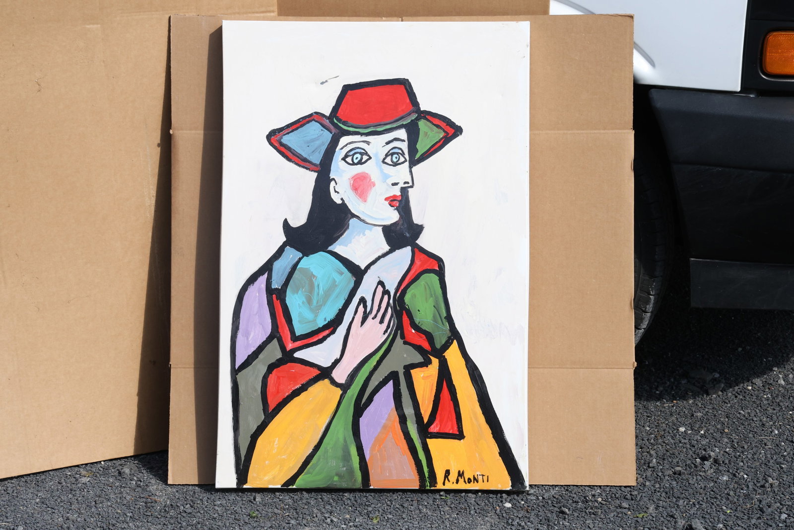 Rocco Monticolo (R. Monti) White-Faced Woman in Red Hat Painting: Original painting by Rocco Monticolo (R. Monti). A stylized white-faced woman wearing a red hat and a patchwork of brightly colored clothing, with one hand raised across her chest. Size: 24 x 36 inche