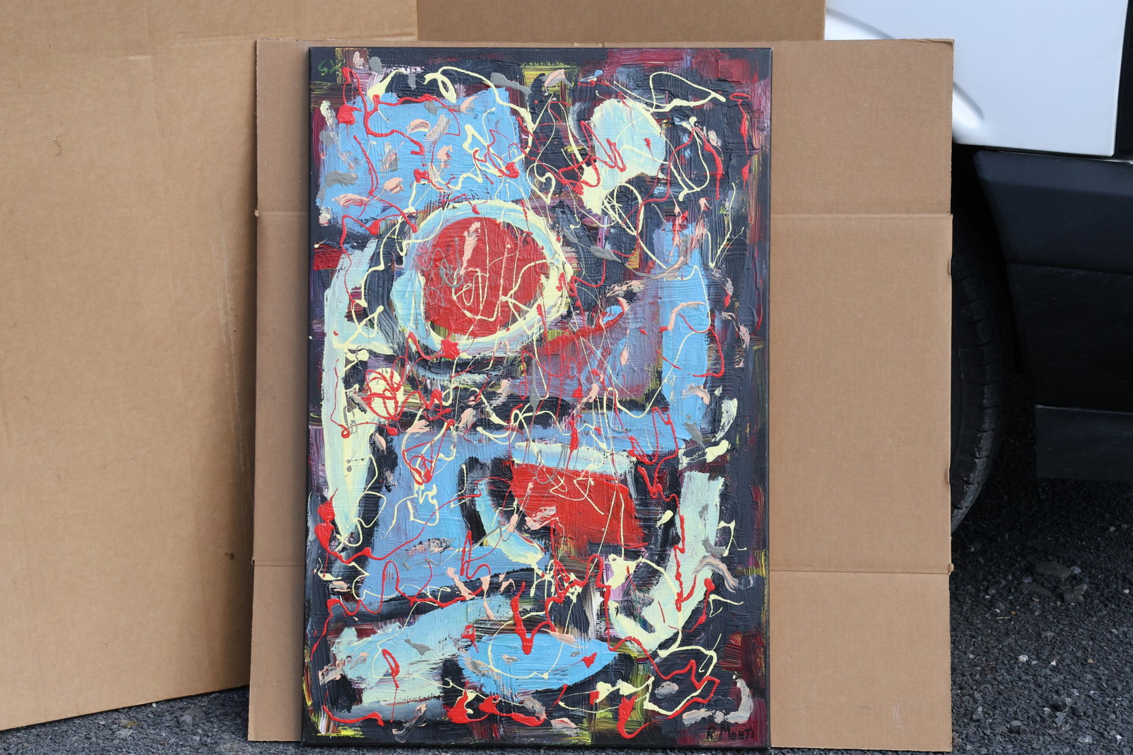 Rocco Monticolo (R. Monti) Blue and Red Drip Abstraction Painting: Original painting by Rocco Monticolo (R. Monti). Large red and blue areas with dark forms overlaid by fine looping pale and yellow lines. Size: 24 x 36 inches. Shelf ID: SU1 S4 **Pickup Notice:** This