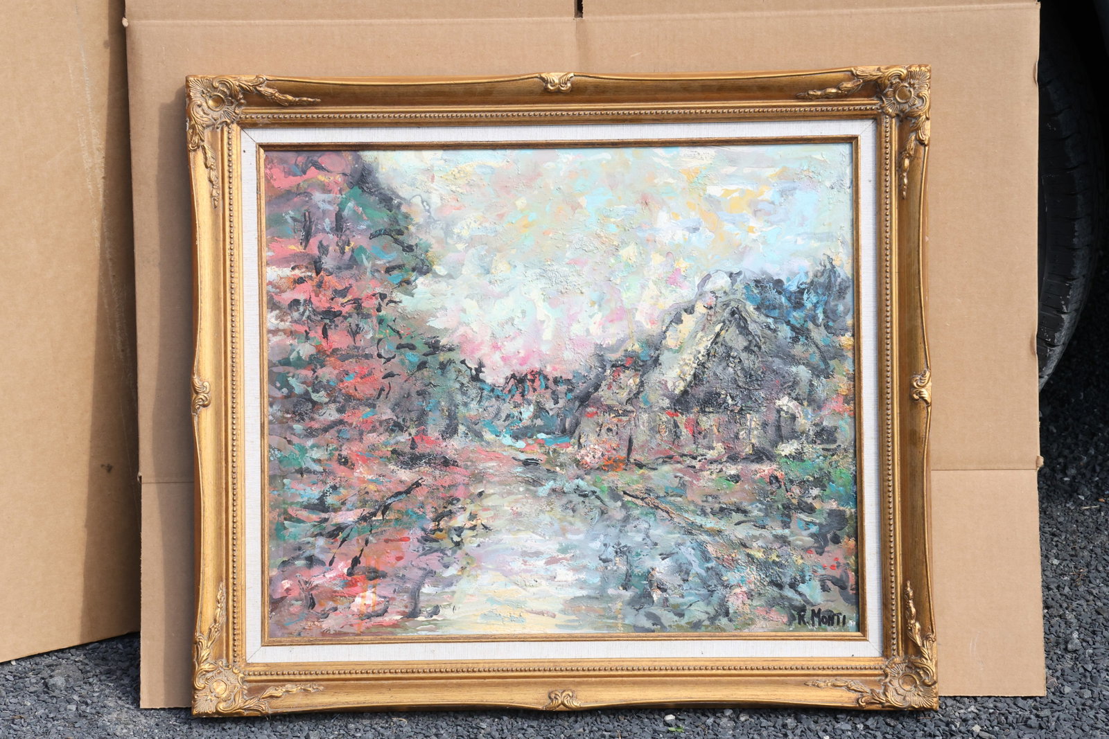 Rocco Monticolo (R. Monti) House beside Water Landscape Painting: Original painting by Rocco Monticolo (R. Monti). A textured landscape with a house beside reflective water, trees, and a bright sky, rendered in small pink, blue, green, and cream strokes. Size: 20 x 