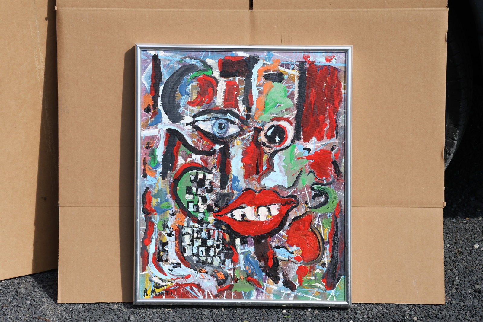Rocco Monticolo (R. Monti) Geometric Abstract Face Painting: Original painting by Rocco Monticolo (R. Monti). A bold abstract face with mismatched eyes, red lips, visible teeth, and patterned geometric areas in red, green, black, and white. Size: 20 x 24 inches