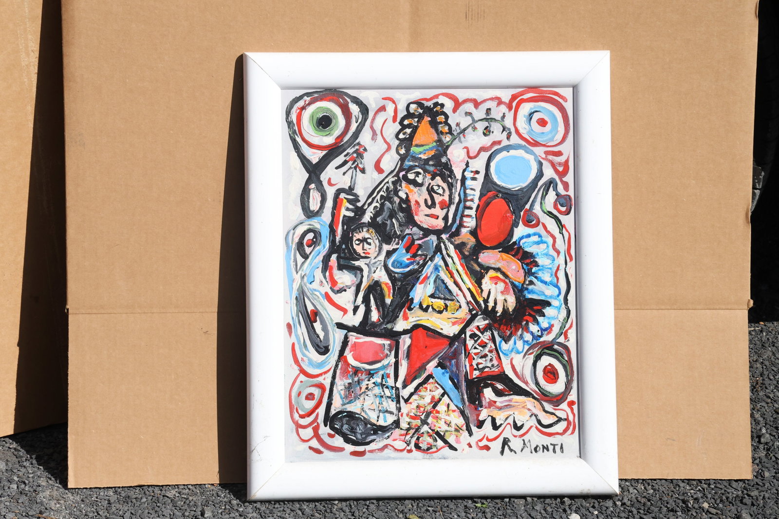 Rocco Monticolo (R. Monti) Puppet Figures and Decorative Shapes Painting: Original painting by Rocco Monticolo (R. Monti). A lively arrangement of puppet-like figures, circular motifs, and angular patterned shapes in red, blue, yellow, black, and white. Size: 16 x 20 inches