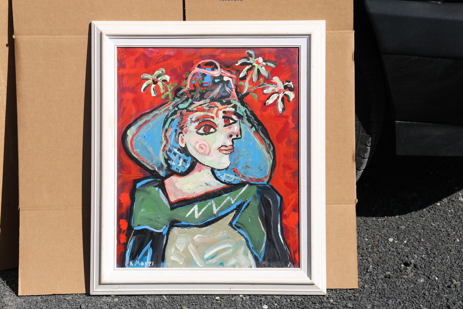 Rocco Monticolo (R. Monti) Woman with Elaborate Hat Painting: Original painting by Rocco Monticolo (R. Monti). A stylized woman with exaggerated eyes and an elaborate hat decorated with small tree-like forms against a red background. Size: 20 x 24 inches; outsid