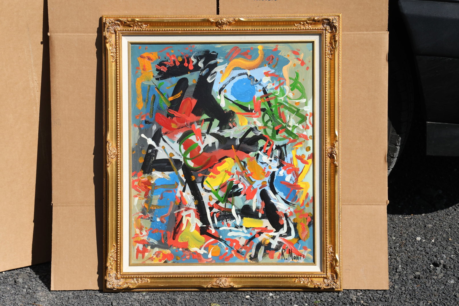 Rocco Monticolo (R. Monti) Bold Color Gesture Abstraction Painting: Original painting by Rocco Monticolo (R. Monti). An abstract arrangement of black strokes, red and yellow gestures, pale blue circles, and green accents. Size: 20 x 24 inches; outside frame: 25.5 x 29