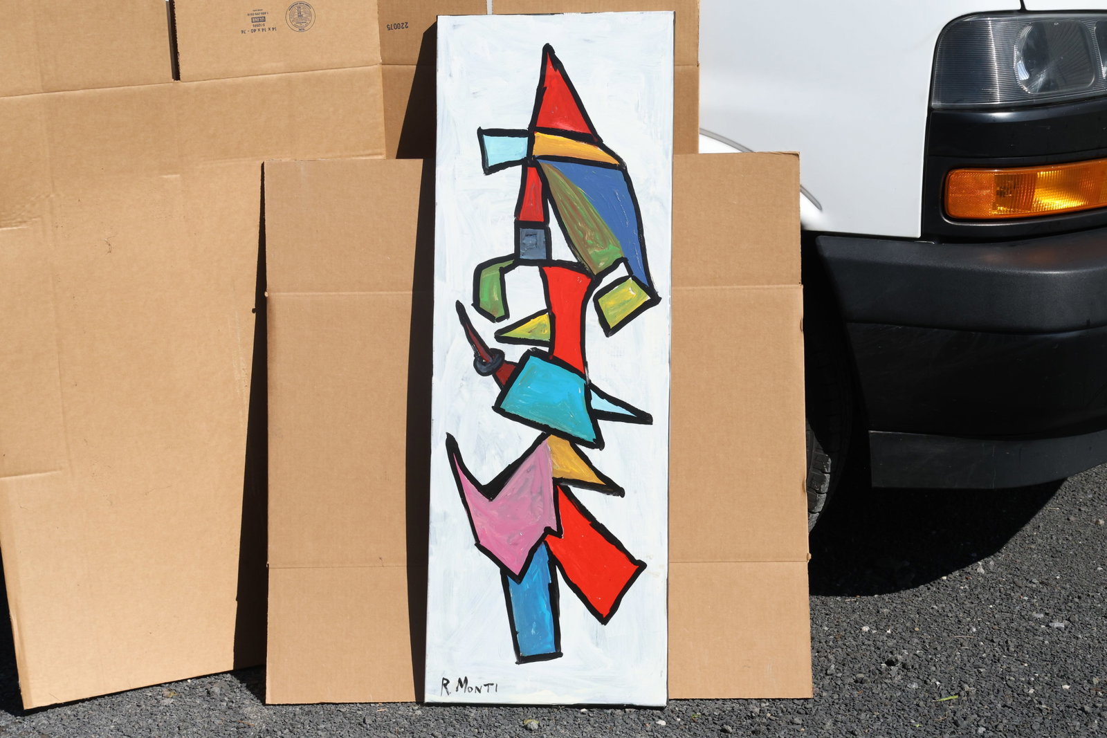 Rocco Monticolo (R. Monti) Tall Geometric Color Abstraction Painting: Original painting by Rocco Monticolo (R. Monti). A vertical stack of sharply defined red, blue, green, yellow, and pink shapes outlined in black against white. Size: 16 x 46 inches. Shelf ID: SU1 S4 *