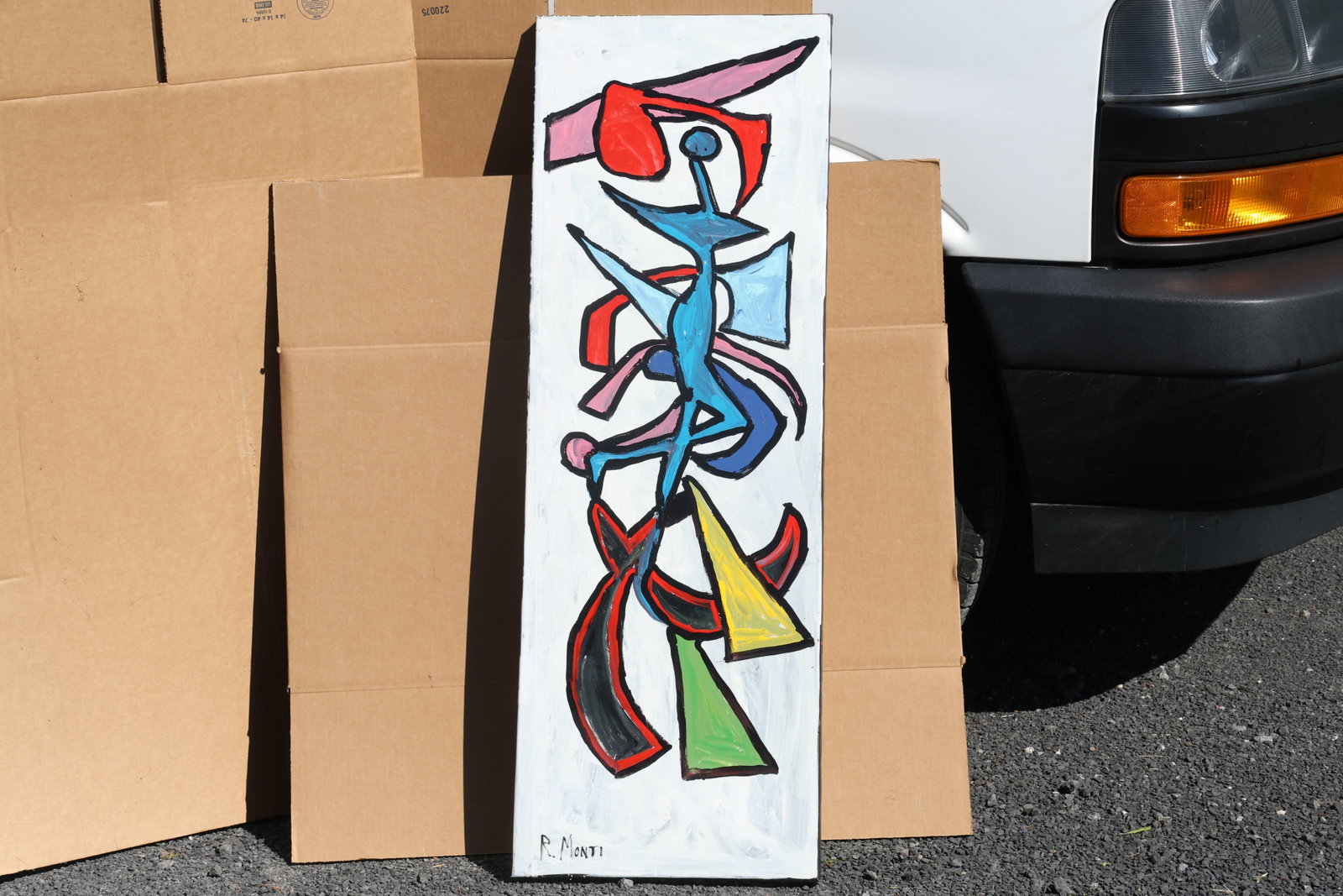 Rocco Monticolo (R. Monti) Tall Curving Geometric Abstraction Painting: Original painting by Rocco Monticolo (R. Monti). A vertical arrangement of curved and angular red, blue, pink, green, and yellow forms outlined in black against a white ground. Size: 16 x 46 inches. S