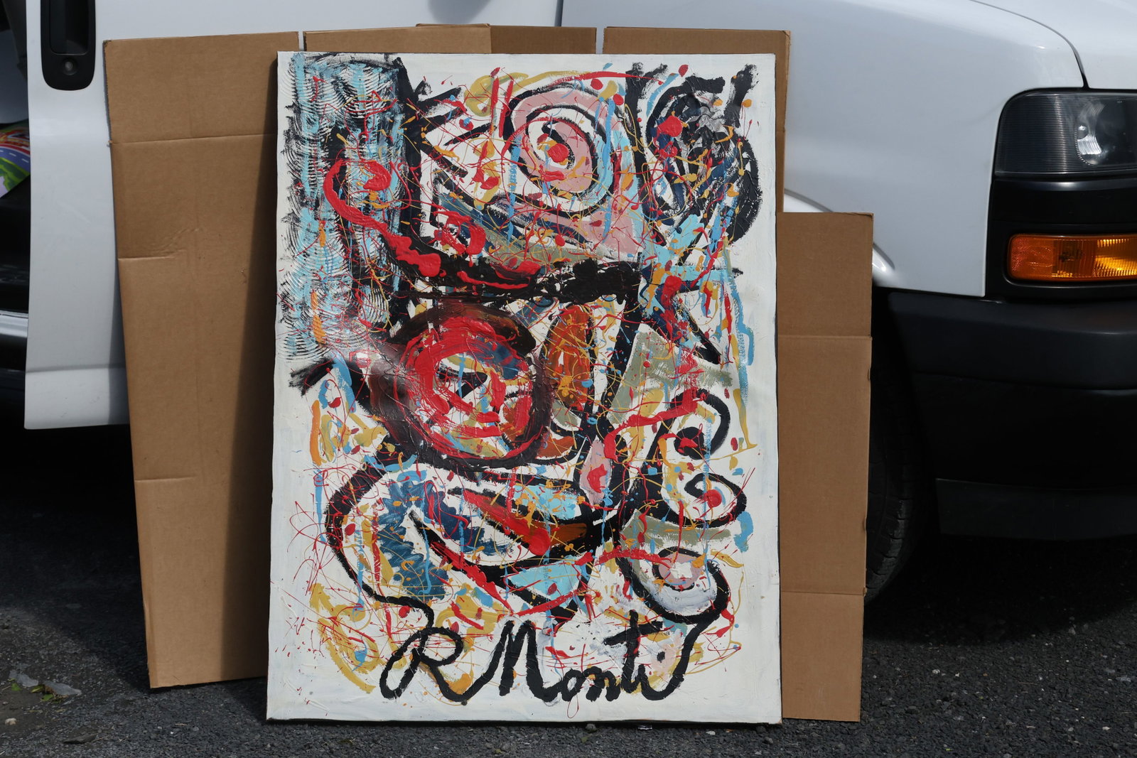 Rocco Monticolo (R. Monti) Large Abstract with Spirals and Faces Painting: Original painting by Rocco Monticolo (R. Monti). A large abstract composition filled with looping lines, spirals, face-like forms, and layered red, black, pale blue, and yellow marks. Size: 36 x 48