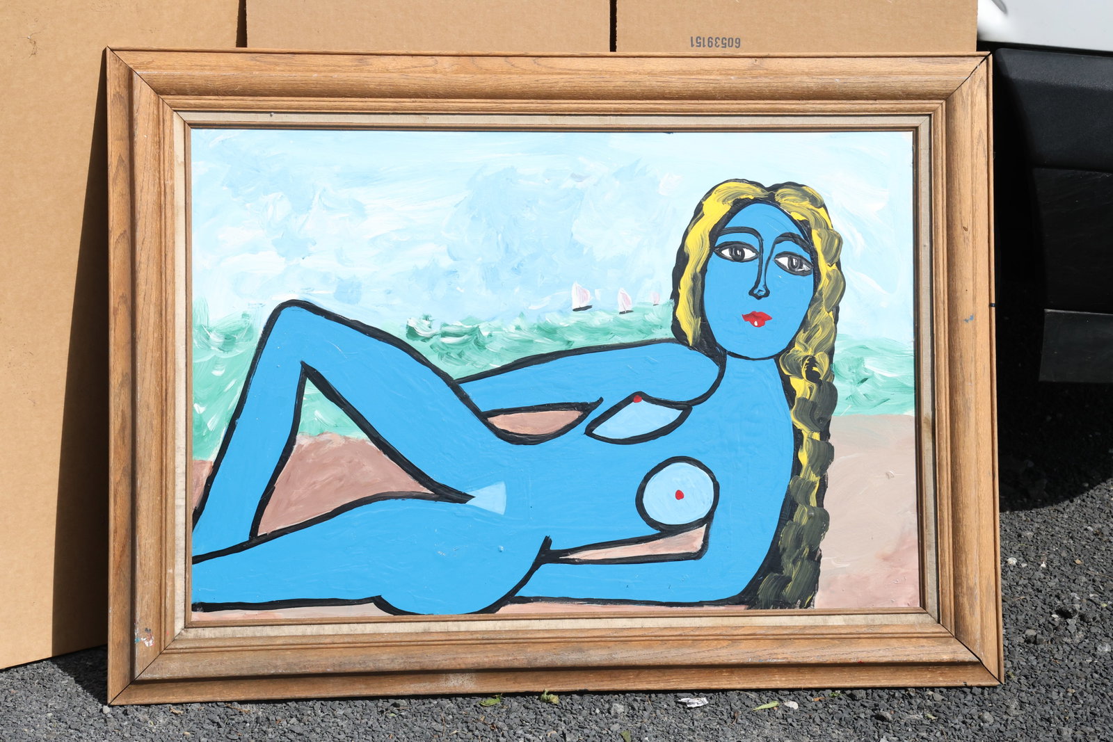 Thomas Pulgini Reclining Blue Nude with Braided Hair Painting: Original painting by Thomas Pulgini. A reclining blue figure with yellow-and-black braided hair against a pale blue sky and green landscape. Size: 26 x 38 inches; outside frame: 31 x 44 inches. Shelf