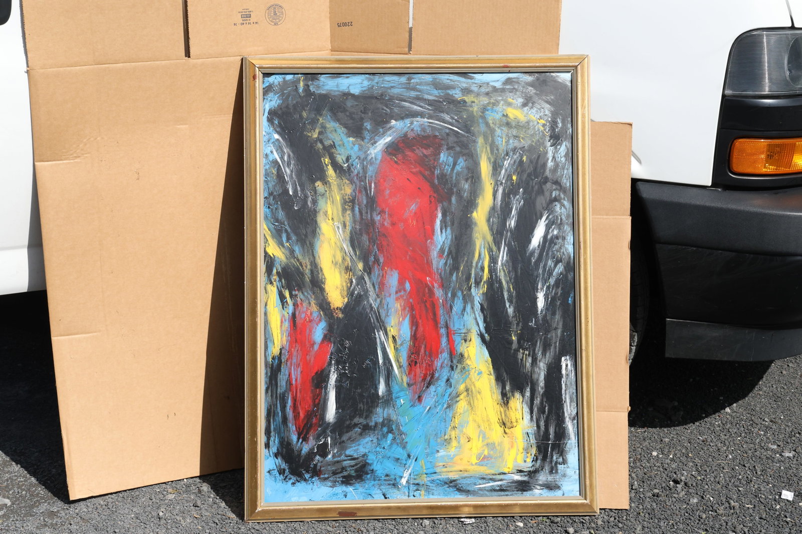 Thomas Pulgini Dark Abstract with Red Blue and Yellow Painting: Original painting by Thomas Pulgini. A dark gestural composition with strong red vertical forms and blue, yellow, and pale accents. Size: 32.5 x 43 inches. Shelf ID: SU1 S5 **Pickup Notice:** This ite