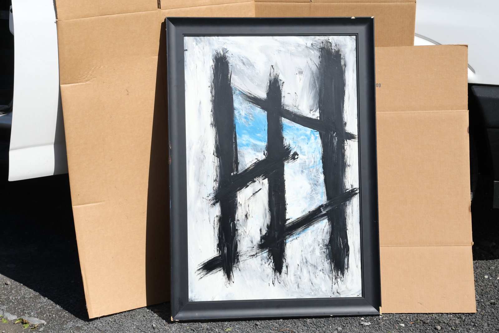 Thomas Pulgini Black Gesture Abstraction with Blue Accent Painting: Original painting by Thomas Pulgini. Intersecting black strokes over a pale ground with a small bright blue passage. Size: 24 x 36 inches; outside frame: 28.5 x 40 inches. Shelf ID: SU1 S5 **Pickup No
