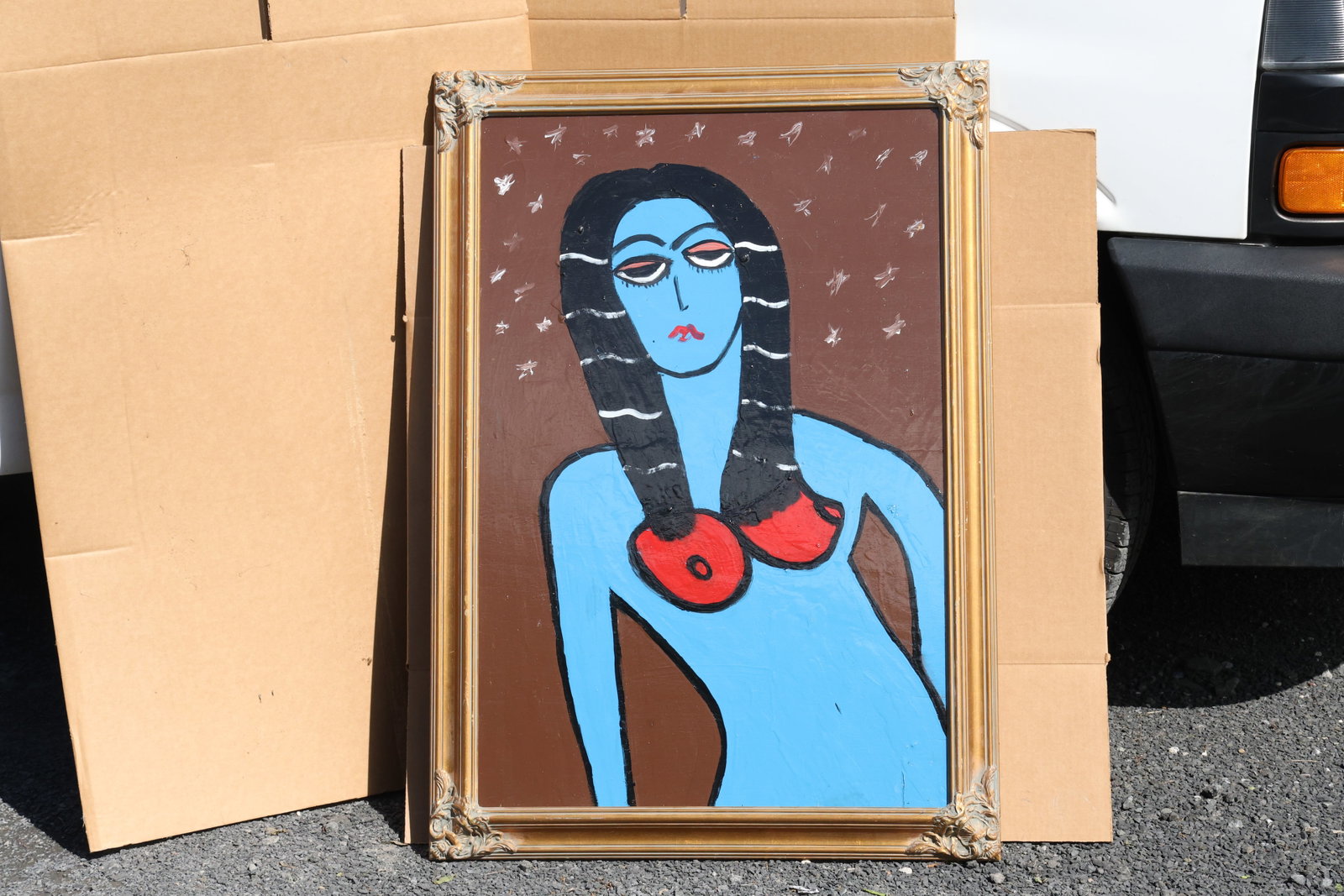 Thomas Pulgini Blue Figure with Red Circular Accents Painting: Original painting by Thomas Pulgini. A blue figure with long black hair divided by pale bands and red circular chest accents against a brown background. Size: 24 x 36 inches; outside frame: 29 x 41
