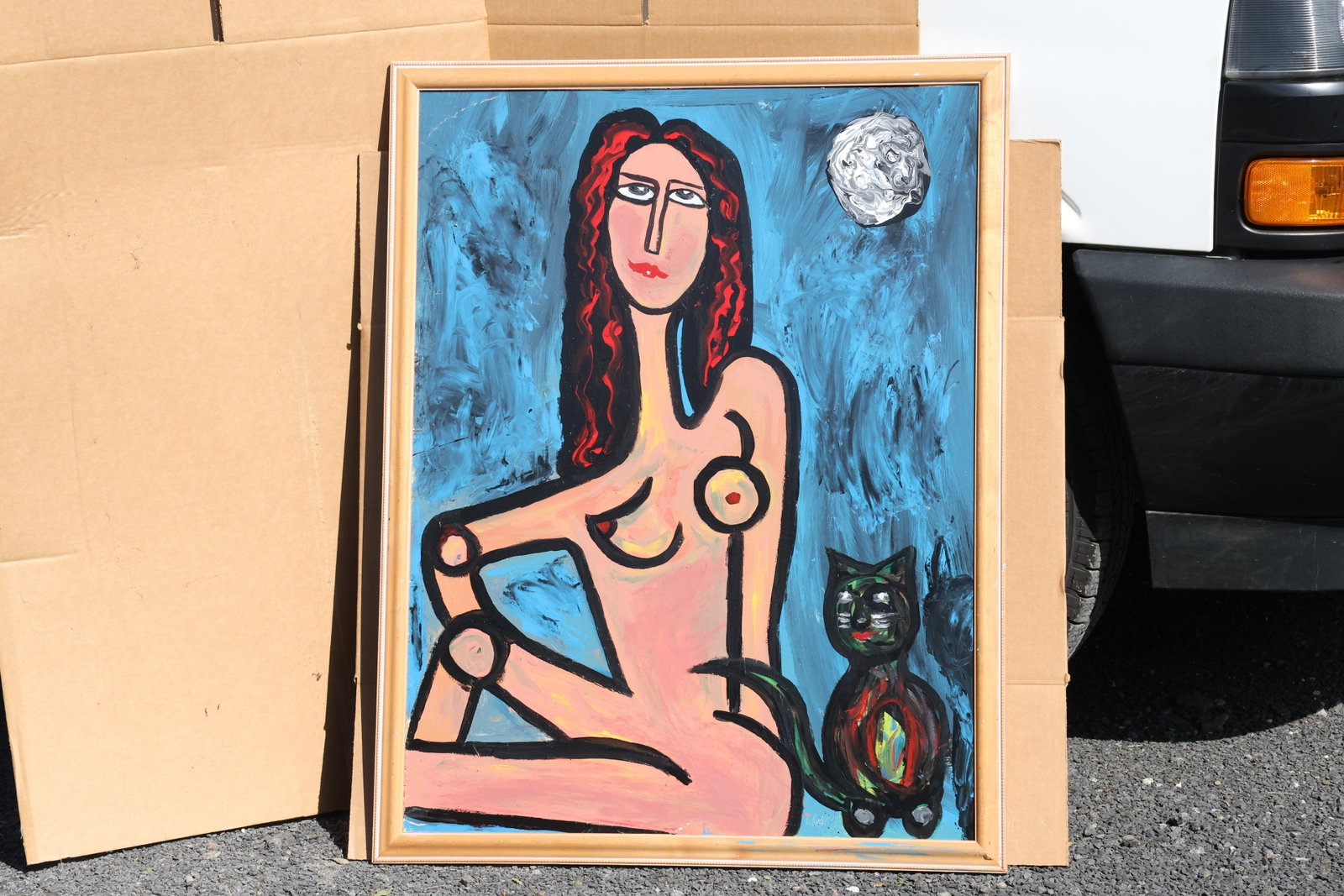 Thomas Pulgini Seated Woman with Black Cat and Moon Painting: Original painting by Thomas Pulgini. A seated peach-toned figure with long dark hair beside a black cat beneath a pale moon against a blue ground. Size: 29 x 39 inches; outside frame: 31.5 x 41