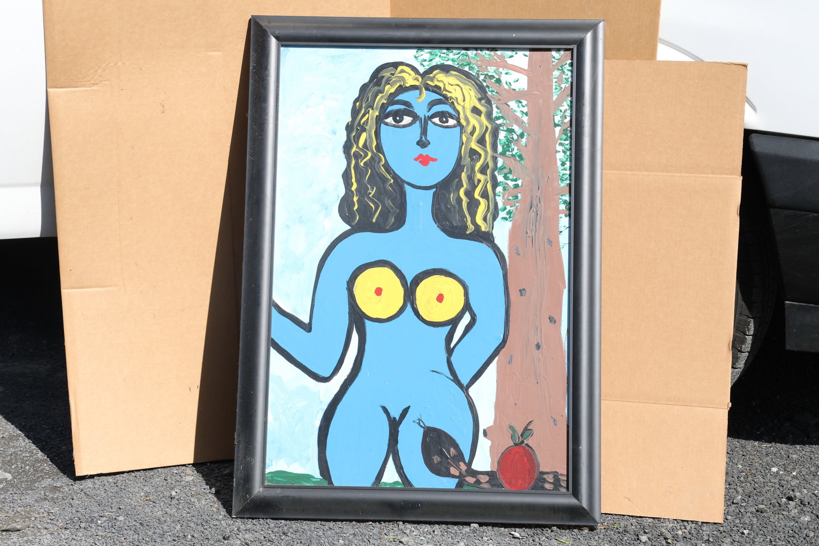 Thomas Pulgini Blue Figure beside Tree and Fruit Painting: Original painting by Thomas Pulgini. A standing blue figure with yellow-and-black hair and yellow circular accents beside a tree and small fruit forms. Size: 24 x 36 inches; outside frame: 29 x 41