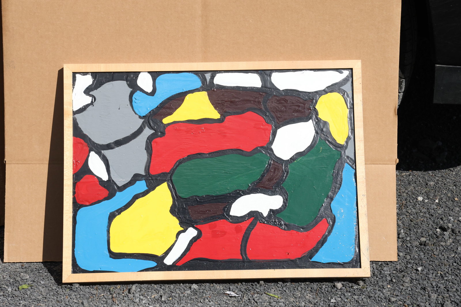 Thomas Pulgini Organic Color Shape Abstraction Painting: Original painting by Thomas Pulgini. Broad irregular red, green, gray, blue, yellow, and white shapes divided by thick black outlines. Size: 18 x 26 inches. Shelf ID: SU1 S5 **Pickup Notice:** This