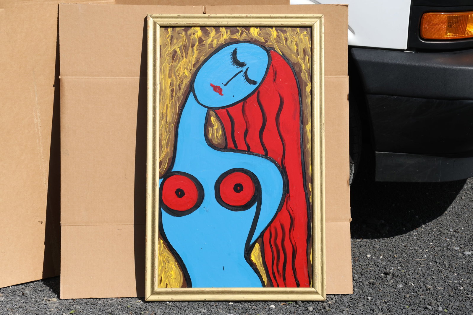 Thomas Pulgini Blue Figure with Flowing Red Hair Painting: Original painting by Thomas Pulgini. A tilted blue figure with closed eyes, long red hair, and red circular accents against a yellow-gold background. Size: 19.5 x 33.5 inches; outside frame: 22 x 36