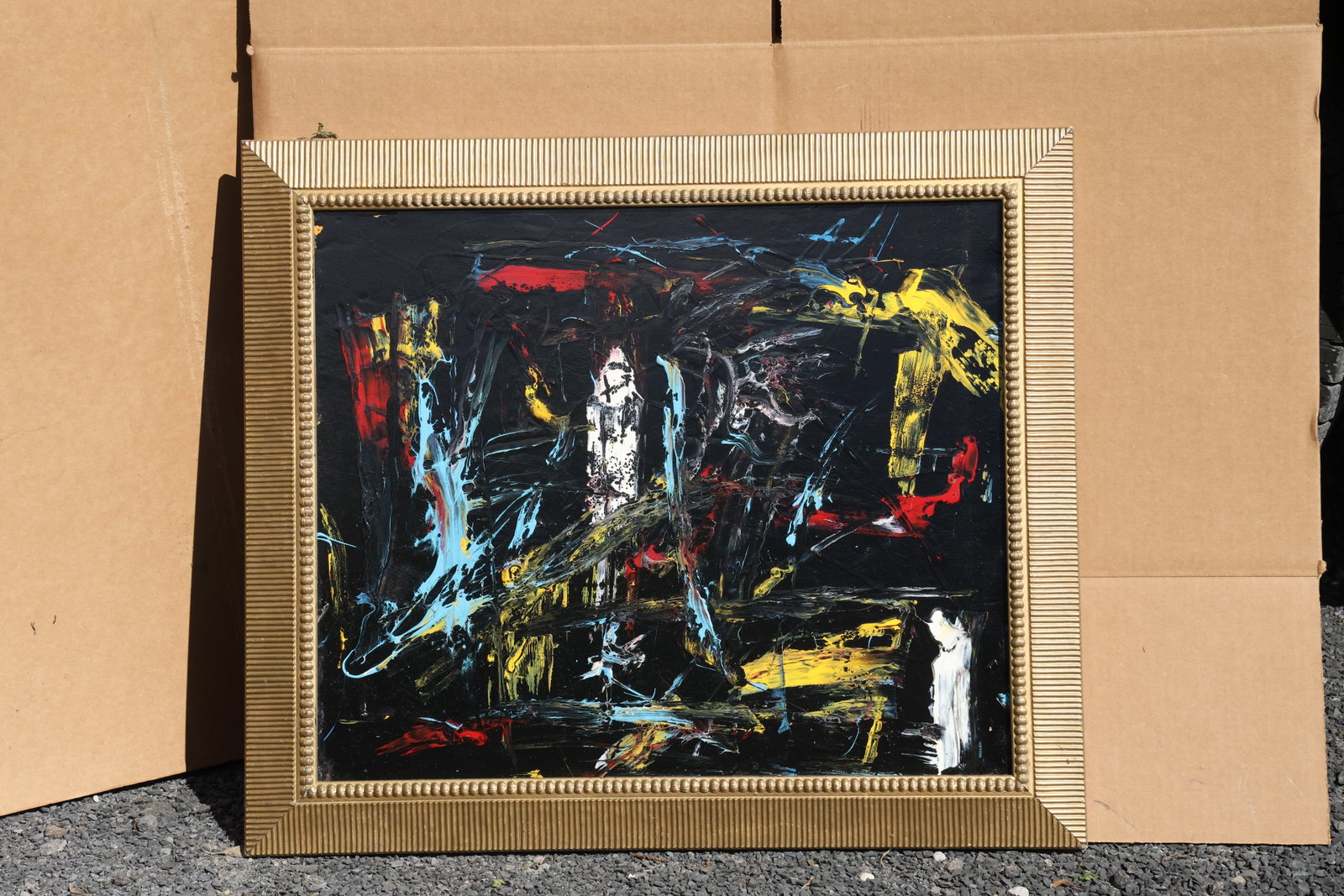 Thomas Pulgini Dark Multicolor Gesture Abstraction Painting: Original painting by Thomas Pulgini. An abstract composition of pale blue, white, yellow, and red strokes over a predominantly black ground. Size: 20 x 24 inches; outside frame: 24.5 x 28.5 inches.