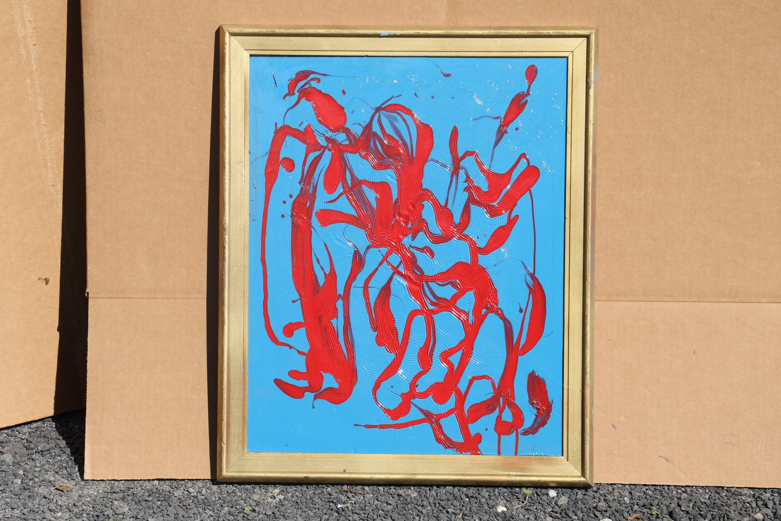 Thomas Pulgini Red Gesture Abstraction on Blue Painting: Original painting by Thomas Pulgini. Loose red looping forms and gestural marks against a bright blue background. Size: 18.5 x 22.5 inches. Shelf ID: SU1 S5 **Pickup Notice:** This item requires a