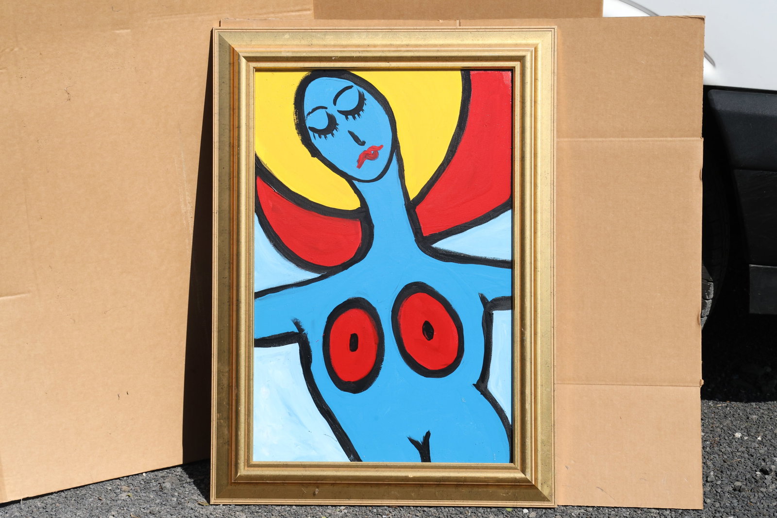 Thomas Pulgini Blue Figure with Yellow and Red Background Painting: Original painting by Thomas Pulgini. An elongated blue figure with closed eyes and red circular accents against large curved yellow and red areas. Size: 20 x 30 inches; outside frame: 26 x 36 inches.