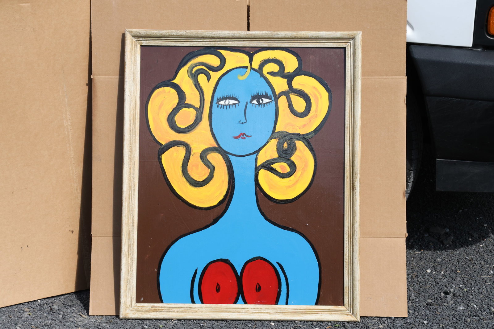 Thomas Pulgini Blue Portrait with Yellow Curls Painting: Original painting by Thomas Pulgini. A blue portrait with oversized looping yellow curls and red accents against a dark brown ground. Size: 24 x 30 inches; outside frame: 27 x 33 inches. Shelf ID: