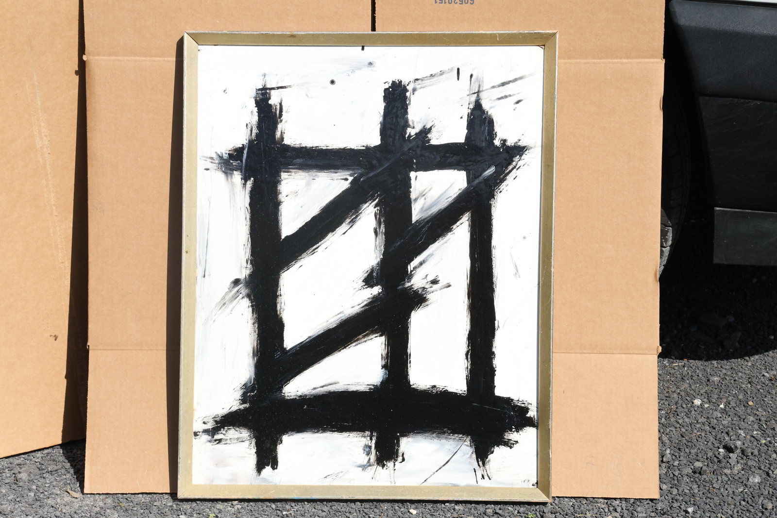 Thomas Pulgini Black Linear Abstraction on White Painting: Original painting by Thomas Pulgini. Broad intersecting black strokes form an open angular structure against a white ground. Size: 25 x 30 inches. Shelf ID: SU1 S5 **Pickup Notice:** This item