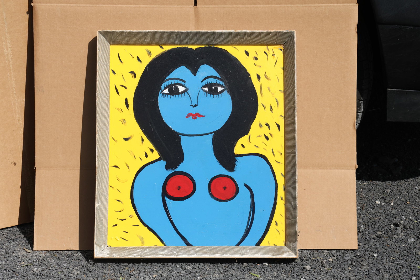 Thomas Pulgini Blue Portrait on Yellow Painting: Original painting by Thomas Pulgini. A blue figure with rounded black hair, large eyes, and red circular accents against a yellow ground with small dark marks. Size: 22 x 25 inches. Shelf ID: SU1 S5
