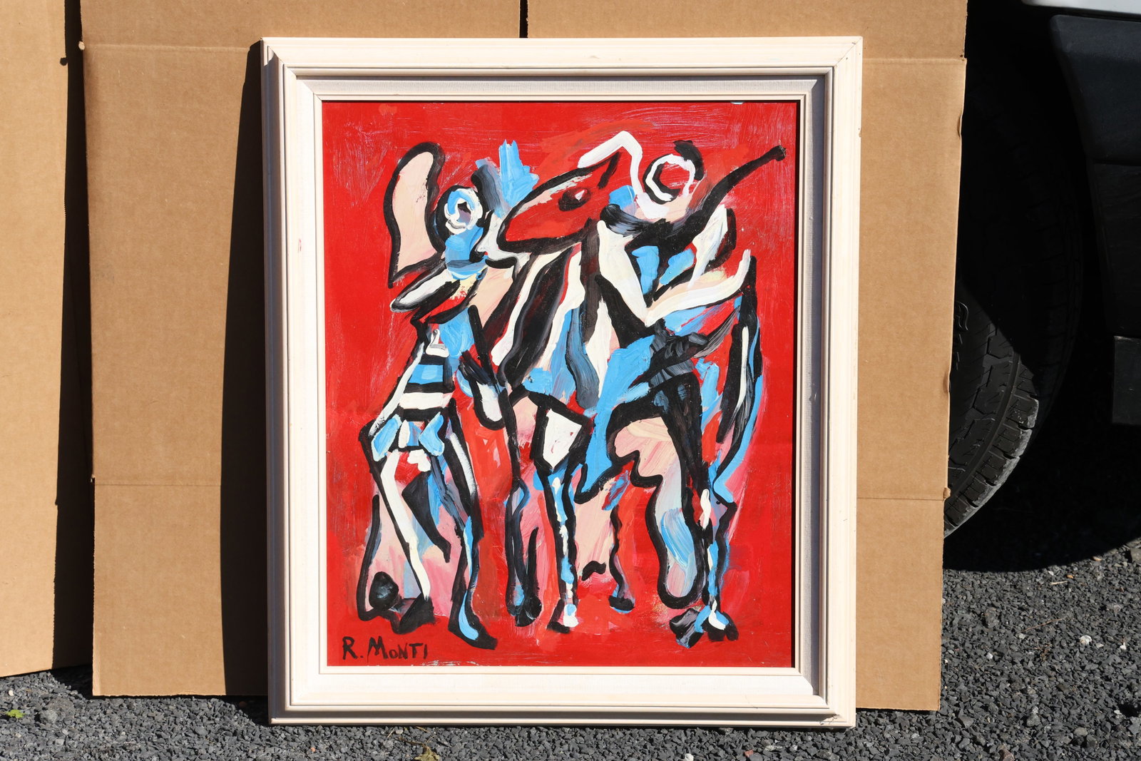 Rocco Monticolo (R. Monti) Abstract Figures on Red Painting: Original painting by Rocco Monticolo (R. Monti). A group of angular, horse-and-rider-like figures rendered in black, white, and blue against a bright red background. Size: Shelf ID: **Pickup
