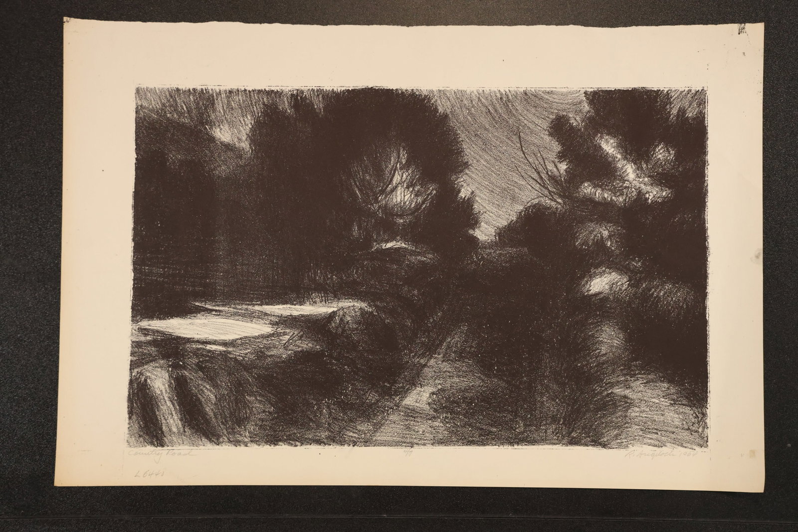 R. Angeloch Woodland Stream Black and White Print: A signed black and white print by R. Angeloch depicting a rocky stream beneath dense trees. Deep shadows contrast with the pale water and exposed rock surfaces. Size: 12 x 18 inches. Shelf ID: abx **P
