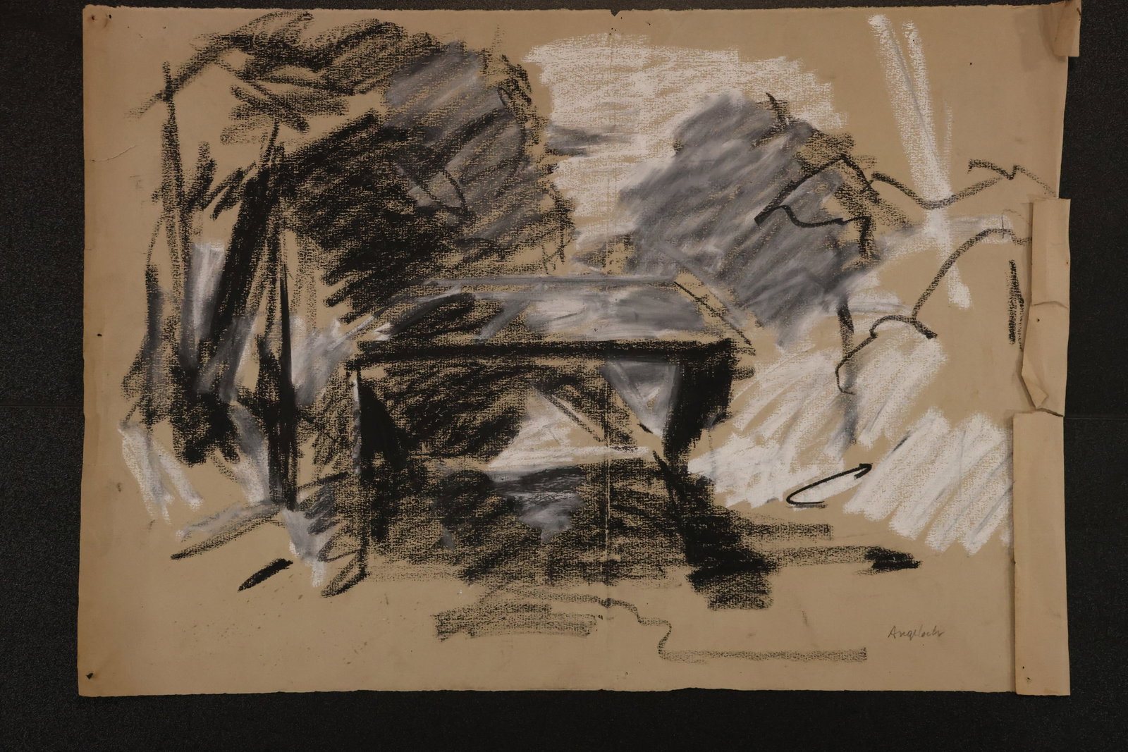 R. Angeloch Signed Expressive Landscape Drawing: A signed drawing on paper by R. Angeloch, with energetic dark strokes and pale highlights forming an angular landscape composition. Size: 12 x 18 inches. Shelf ID: abx **Pickup Notice:** This item req