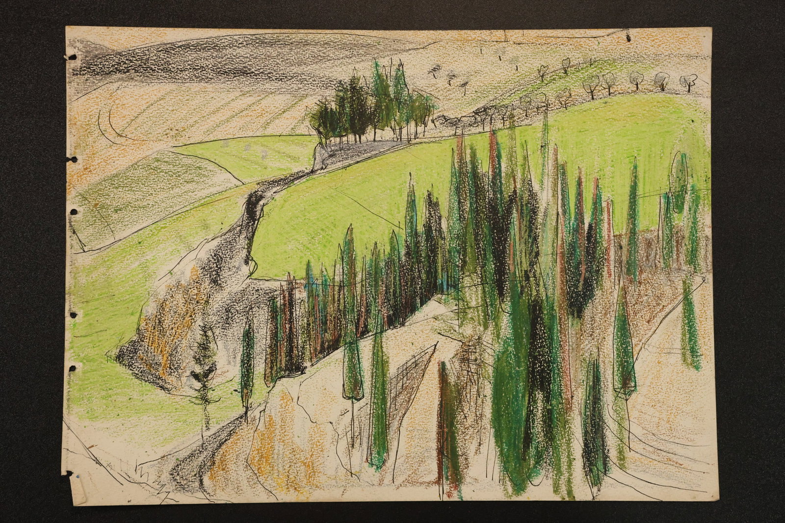 R. Angeloch Signed Hillside Landscape Drawing: A landscape drawing on paper by R. Angeloch depicting rolling fields, a winding road, and stands of slender trees. Green and warm earth tones accent the dark outlines. Cataloged as signed on the rever