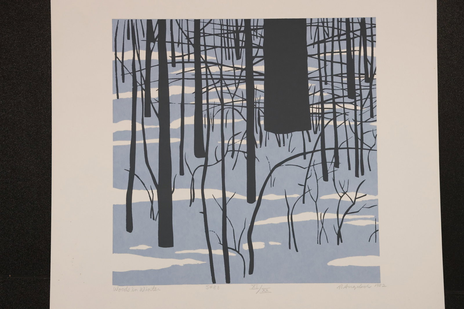 R. Angeloch Winter Woods Color Print: A color print by R. Angeloch depicting slender dark tree trunks rising from pale snow. Muted blue-gray shadows stretch through the winter woodland. Size: 15 x 13 inches. Shelf ID: mc4 **Pickup Notice: