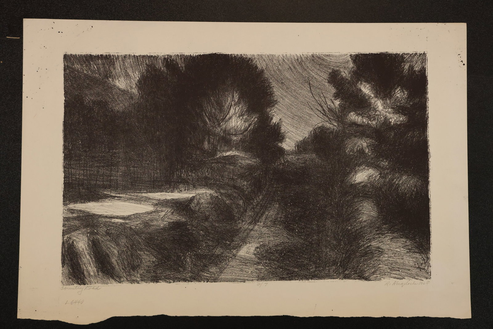 R. Angeloch Woodland Stream Black and White Print 2/7: A black and white print by R. Angeloch, cataloged as numbered 2/7. A rocky stream passes through dense woodland, with pale water and rocks set against deep shadows. Size: 12 x 18 inches. Shelf ID: mc4