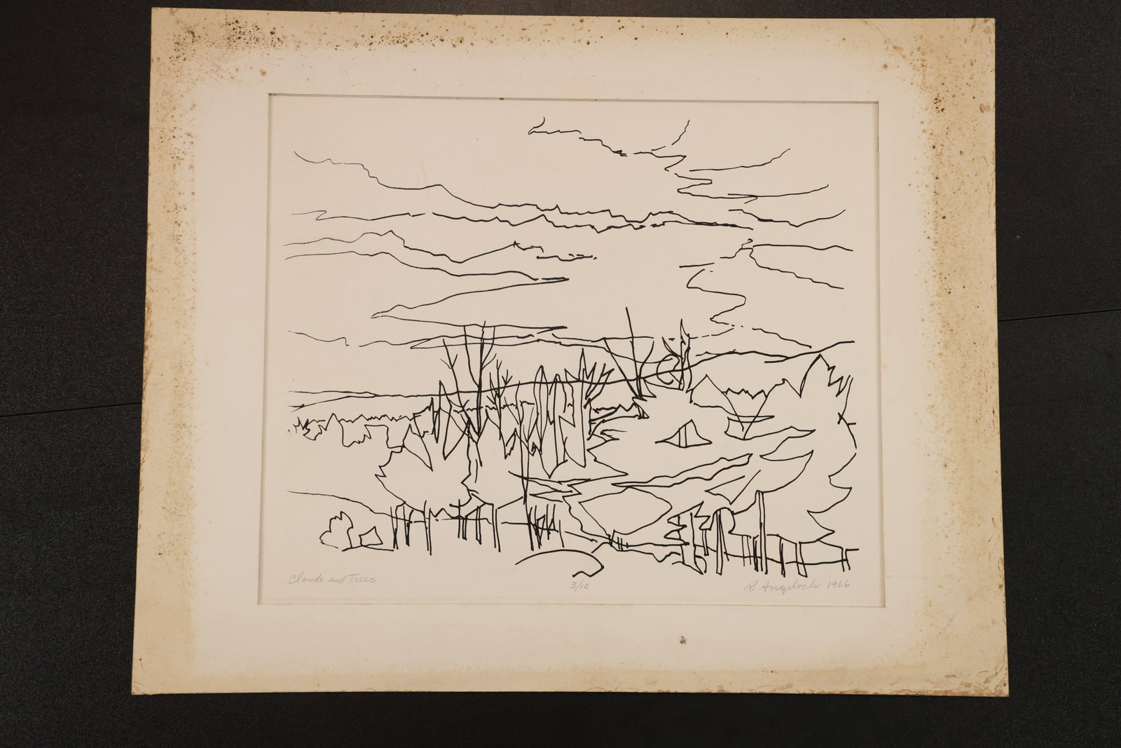 R. Angeloch Matted Landscape Line Drawing: A matted drawing by R. Angeloch featuring a wide landscape rendered in fine dark outlines. Angular trees, distant contours, and layered cloud forms create an open, airy composition. Size: 16 x 20 inch