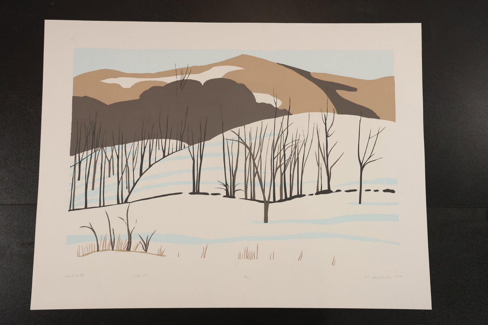 R. Angeloch Winter Hills Color Print: A color print by R. Angeloch depicting snow-covered hills and bare trees beneath a pale sky. Brown and gray mountain forms rise behind delicate dark branches. Size: 21 x 28 inches. Shelf ID: mc4 **Pic