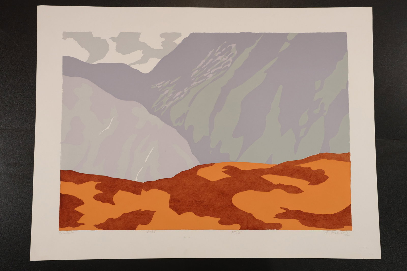 R. Angeloch Scottish Mountain Landscape Color Print: A color print by R. Angeloch, cataloged as a Scottish landscape. Purple-gray mountains overlook a foreground of orange and rust-colored terrain. Size: 20 x 27 inches. Shelf ID: mc4 **Pickup Notice:** 