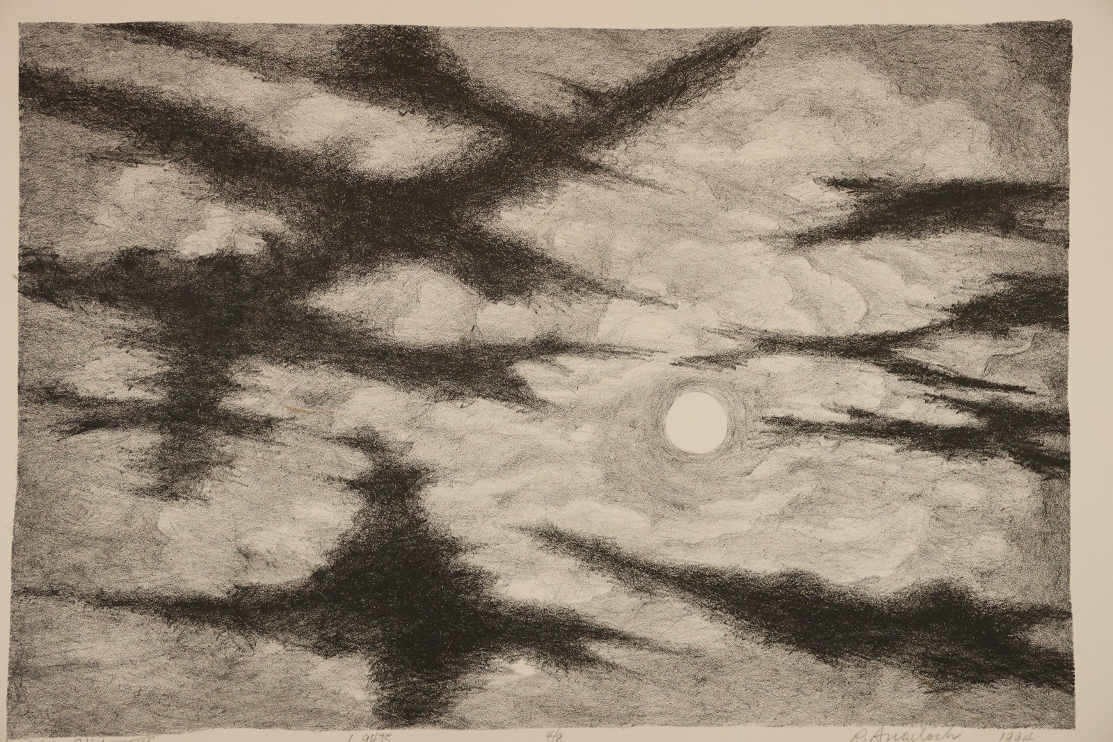 R. Angeloch Moonlit Night Sky Black and White Print: A black and white print by R. Angeloch depicting a bright moon amid sweeping dark clouds. Broad shaded passages create a dramatic night-sky composition. Size: 16 x 22 inches. Shelf ID: mc4 **Pickup No