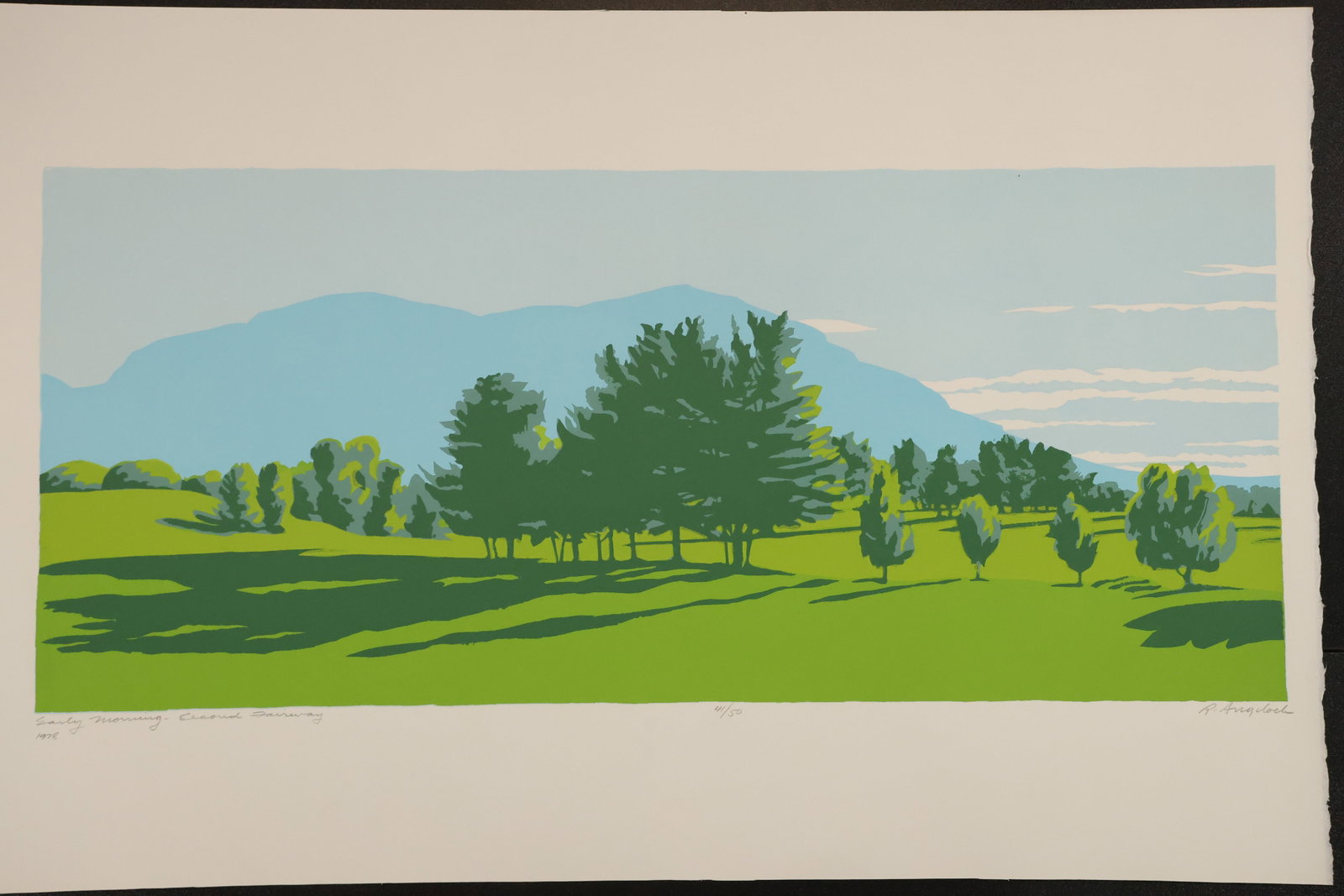R. Angeloch Green Golf Course Landscape Color Print: A color print by R. Angeloch depicting a green golf-course landscape with rows of trees and long shadows. Pale blue mountains and a softly clouded sky fill the distance. Size: 26 x 16 inches. Shelf ID